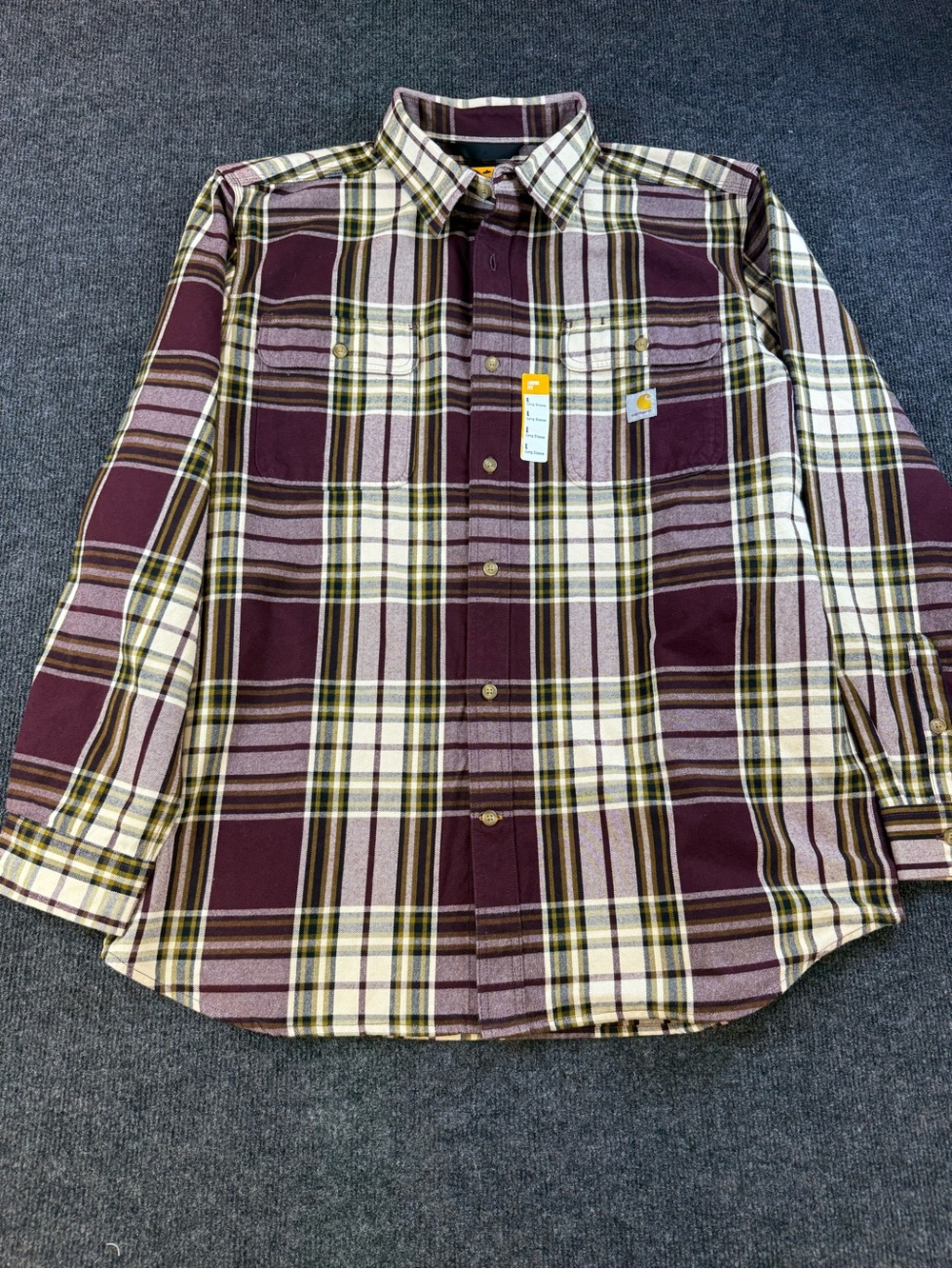 Carhartt Men’s Burgundy and Cream Plaid Flannel Button-Down Shirt